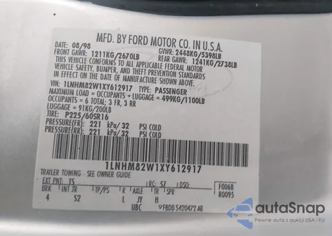 1999 Lincoln Town Car Signature from USA, damaged, VIN 1LNHM82W1XY612917